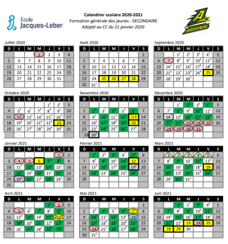 Calendrier scolaire  École Jacques-Leber